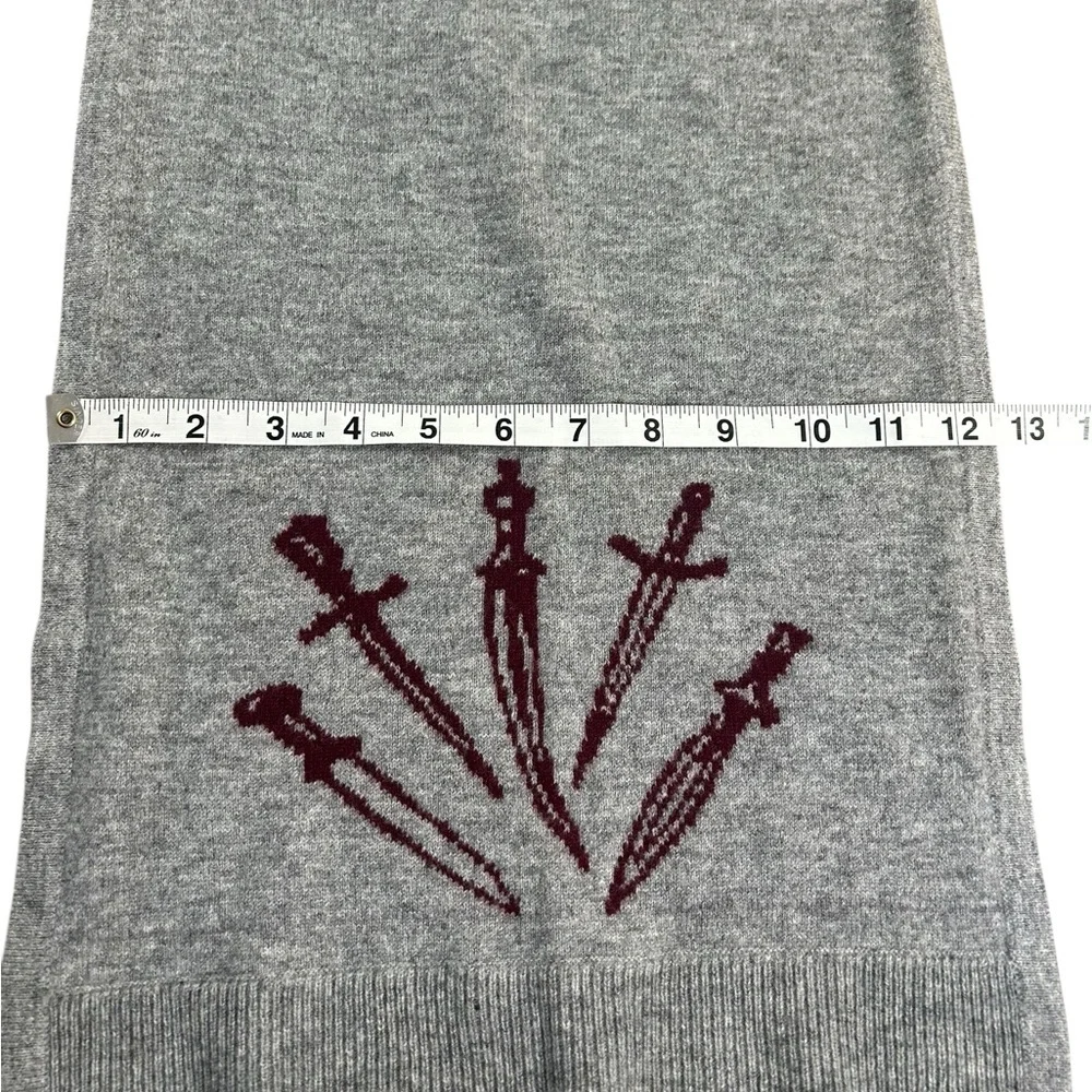 RAG & BONE Gray Burgundy Wool Knit Scarf Dagger Motif‎ Unisex 77”